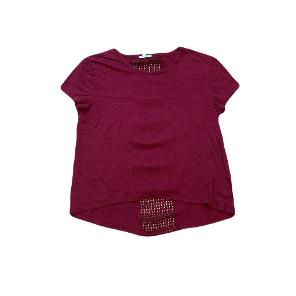 Ardene Burgundy High-Low Hem Crochet-Back Panel Short Sleeve Top - Medium